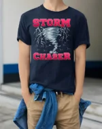 Storm Chaser Tornado Lightning Graphic T-Shirt - model wearing navy shirt, hands in pockets