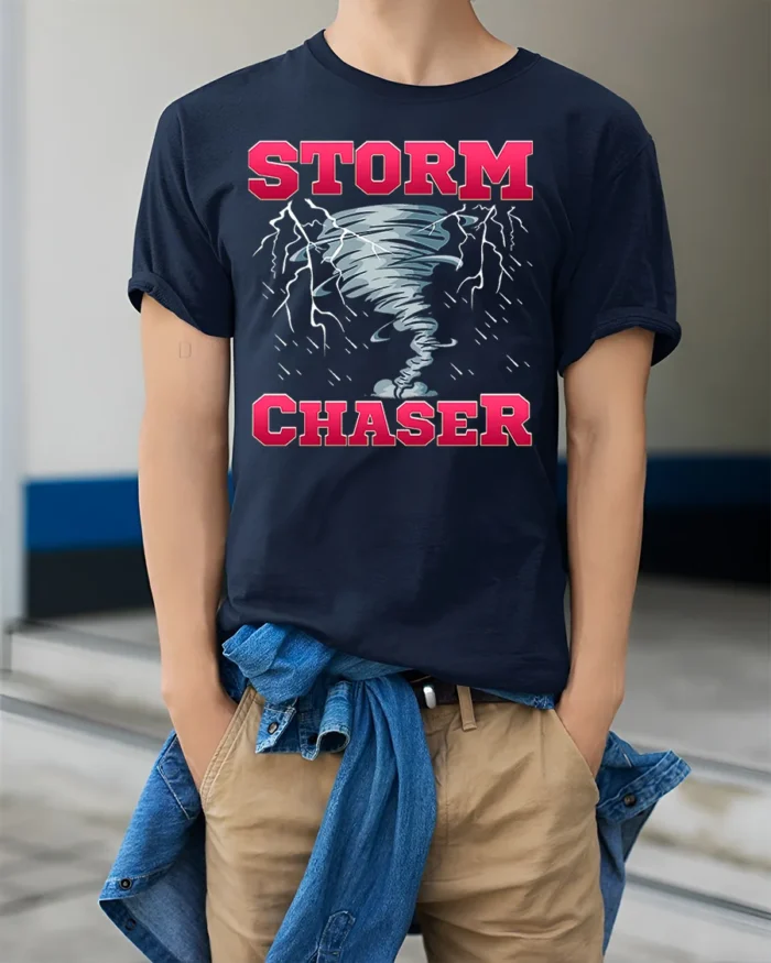 Storm Chaser Tornado Lightning Graphic T-Shirt - model wearing navy shirt, hands in pockets