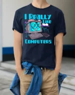 Funny Computer Lover Nerd Graphic Tee - model wearing navy shirt, hands in pockets