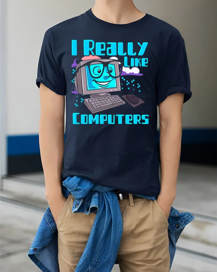 Funny Computer Lover Nerd Graphic Tee - model wearing navy shirt, hands in pockets