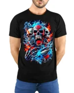 Skull and Shark Fire Ice Graphic T-Shirt for Men - model wearing black shirt, hands behind back