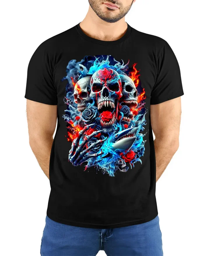 Skull and Shark Fire Ice Graphic T-Shirt for Men - model wearing black shirt, hands behind back