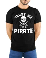 Adventure Seeker Trust Me I’m A Pirate T-Shirt - model wearing black shirt, hands behind back