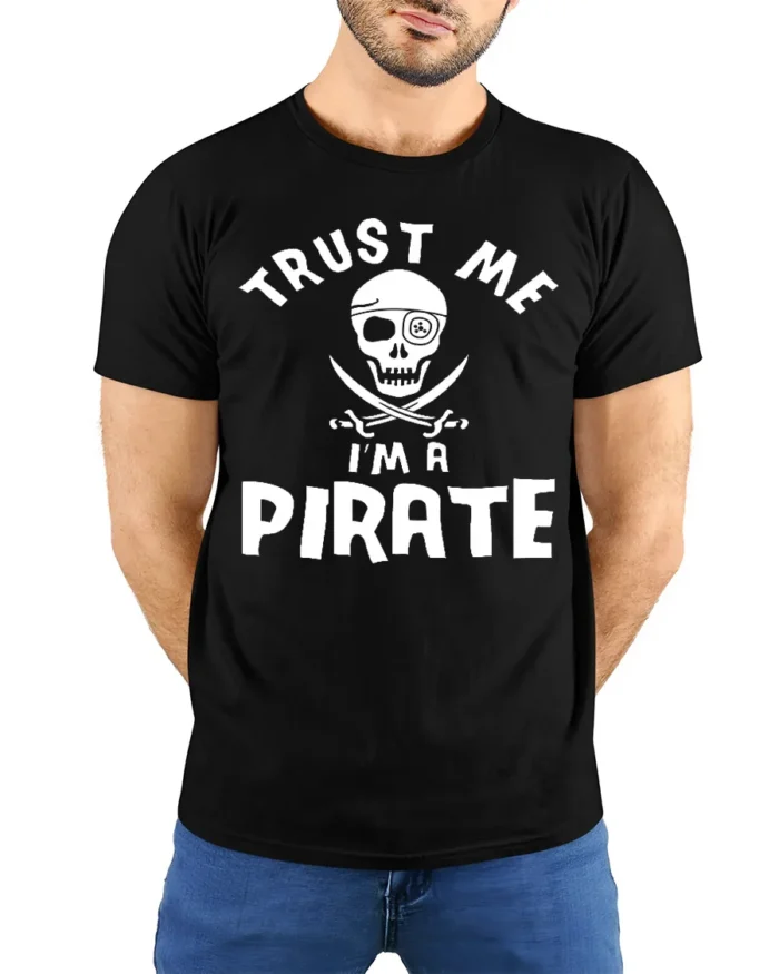 Adventure Seeker Trust Me I’m A Pirate T-Shirt - model wearing black shirt, hands behind back