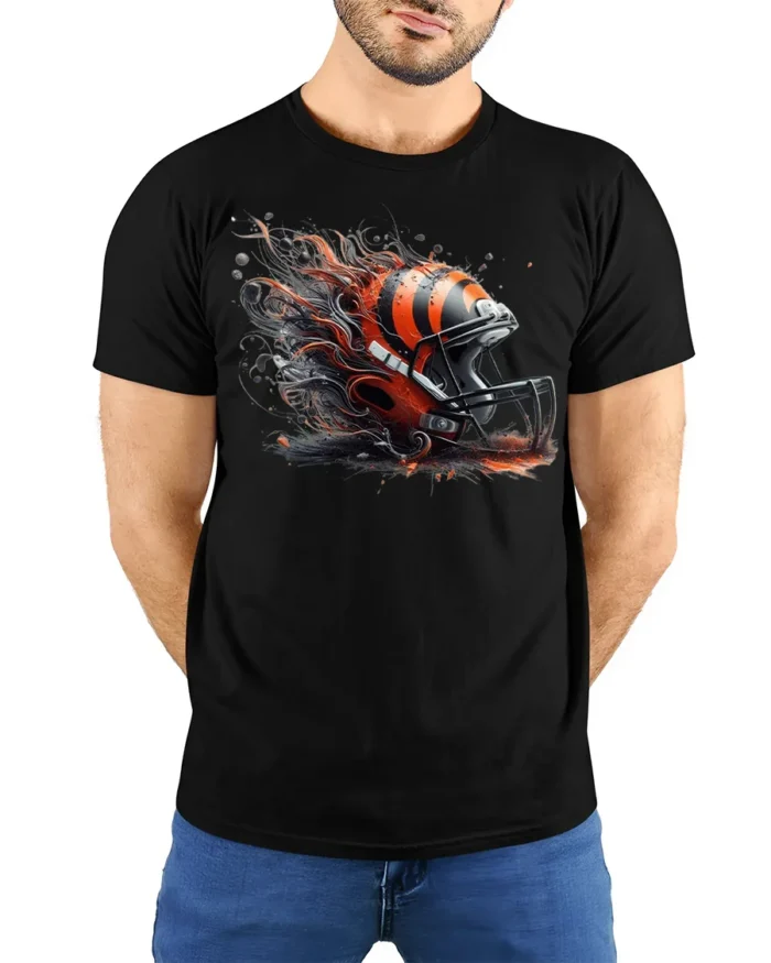 Fierce Football Helmet Flame T-Shirt Dynamic Art - model wearing black shirt, hands behind back