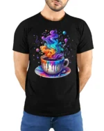 Colorful Coffee Cup Art T-Shirt Trippy Vibes - model wearing black shirt, hands behind back