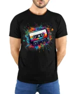 Retro Cassette Tape Graphic T-Shirt Music Lovers - model wearing black shirt, hands behind back