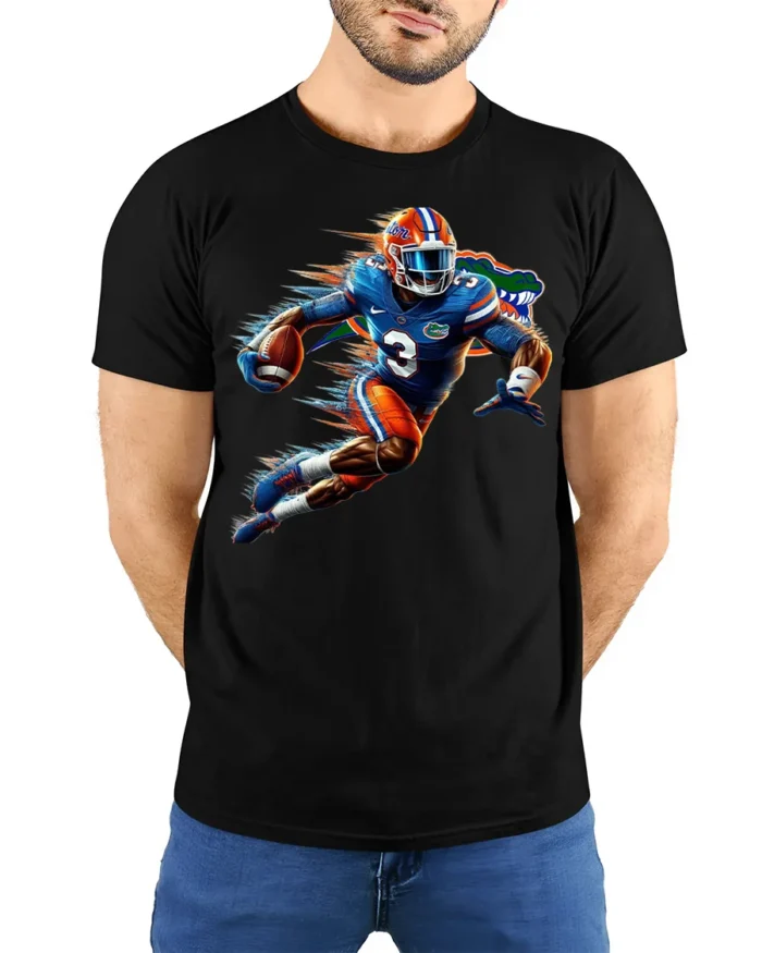 Florida Gators Football T-Shirt Dynamic Running - model wearing black shirt, hands behind back