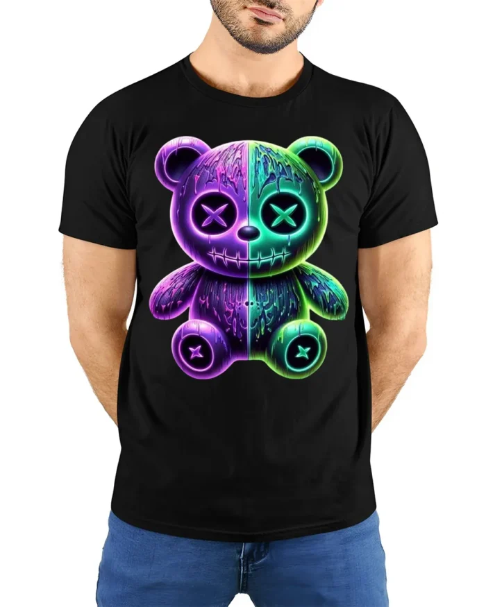Neon Drip Bear T-Shirt Glow in the Dark Streetwear - model wearing black shirt, hands behind back
