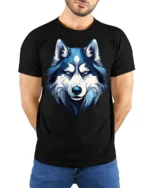 Blue Wolf T-Shirt Bold Graphic for Animal Lovers - model wearing black shirt, hands behind back