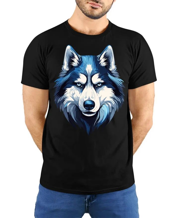 Blue Wolf T-Shirt Bold Graphic for Animal Lovers - model wearing black shirt, hands behind back