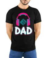 Headphones Dad T-Shirt Funny Music Lover - model wearing black shirt, hands behind back