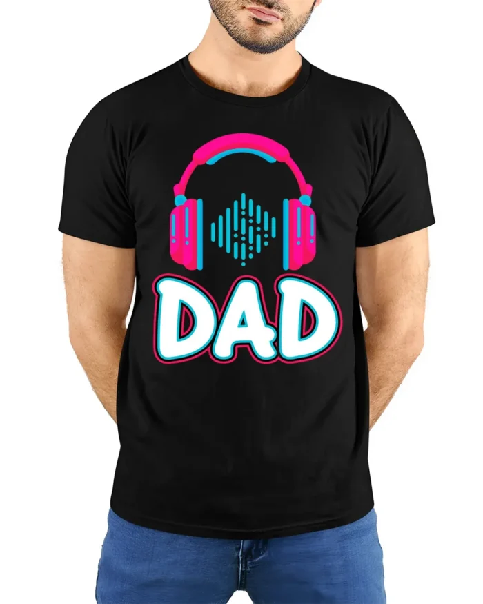 Headphones Dad T-Shirt Funny Music Lover - model wearing black shirt, hands behind back