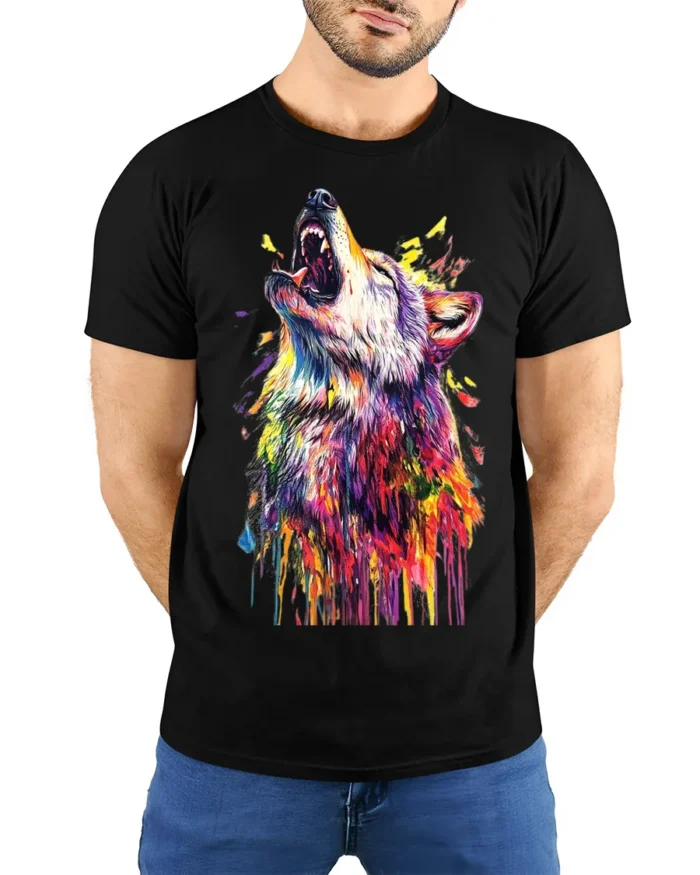 Vibrant Howling Wolf Art T-Shirt Colorful Design - model wearing black shirt, hands behind back