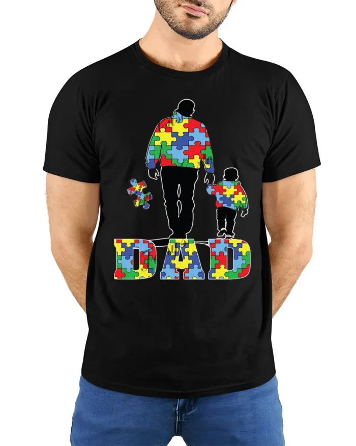Father and Child Puzzle T-Shirt Colorful Dad - model wearing black shirt, hands behind back