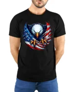 Freedom Eagle Flag Design T-Shirt for Patriots - model wearing black shirt, hands behind back