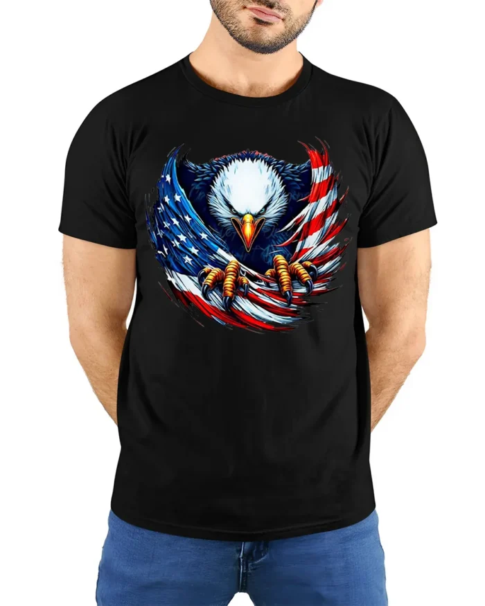 Freedom Eagle Flag Design T-Shirt for Patriots - model wearing black shirt, hands behind back