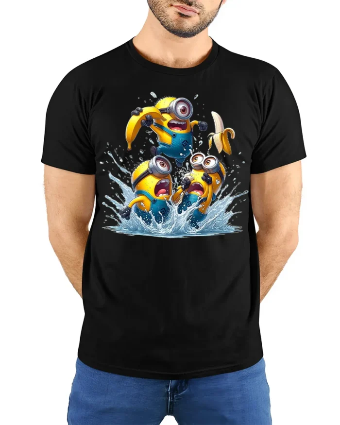 Minions Banana Splash Funny Graphic T-Shirt - model wearing black shirt, hands behind back