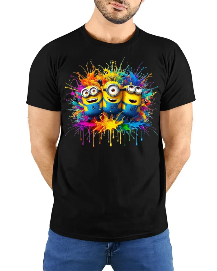 Minions Color Splash Art Funny Graphic T-Shirt - model wearing black shirt, hands behind back