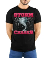 Storm Chaser Tornado Lightning Graphic T-Shirt - model wearing black shirt, hands behind back