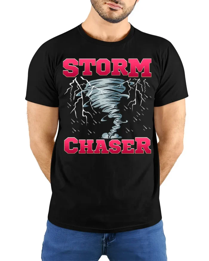Storm Chaser Tornado Lightning Graphic T-Shirt - model wearing black shirt, hands behind back