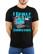 Funny Computer Lover Nerd Graphic Tee - model wearing black shirt, hands behind back