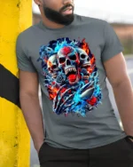 Skull and Shark Fire Ice Graphic T-Shirt for Men - model in grey shirt leaning against column