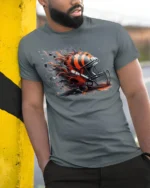 Fierce Football Helmet Flame T-Shirt Dynamic Art - model in grey shirt leaning against column