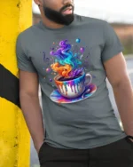 Colorful Coffee Cup Art T-Shirt Trippy Vibes - model in grey shirt leaning against column