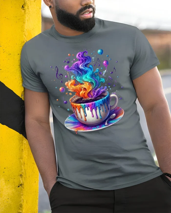 Colorful Coffee Cup Art T-Shirt Trippy Vibes - model in grey shirt leaning against column