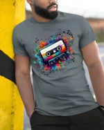 Retro Cassette Tape Graphic T-Shirt Music Lovers - model in grey shirt leaning against column