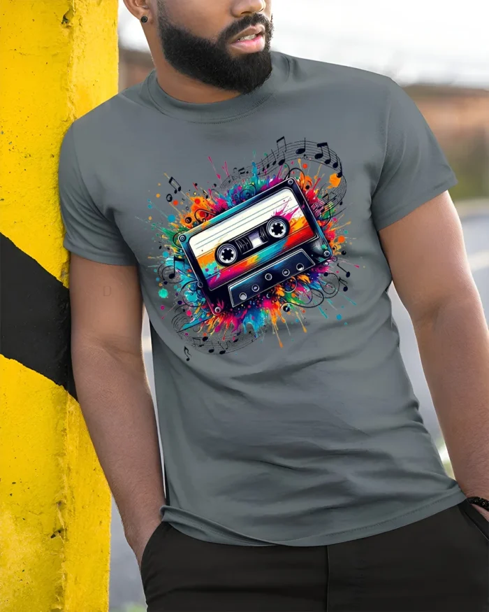 Retro Cassette Tape Graphic T-Shirt Music Lovers - model in grey shirt leaning against column