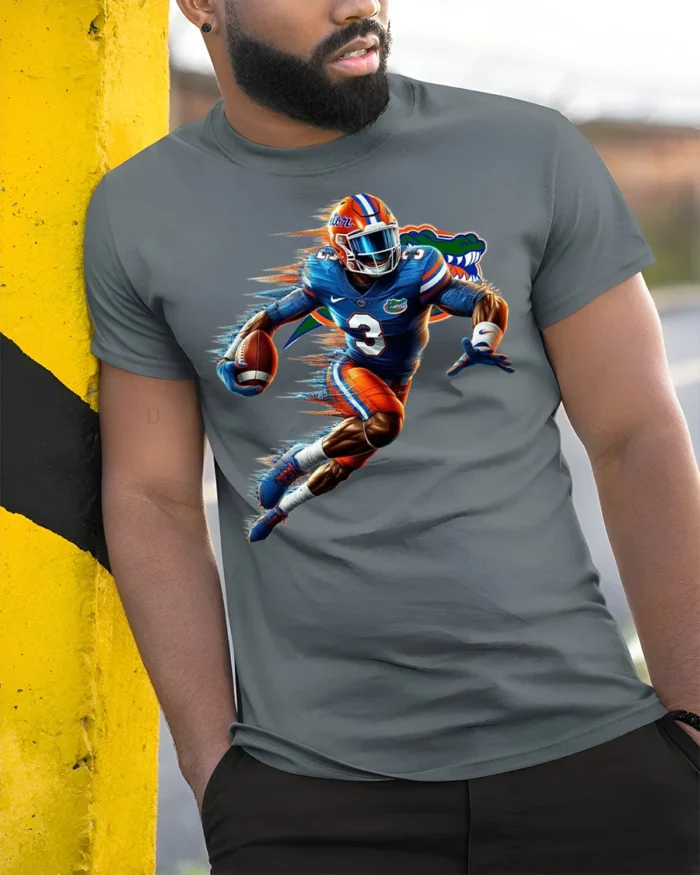Florida Gators Football T-Shirt Dynamic Running - model in grey shirt leaning against column