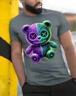 Neon Drip Bear T-Shirt Glow in the Dark Streetwear - model in grey shirt leaning against column