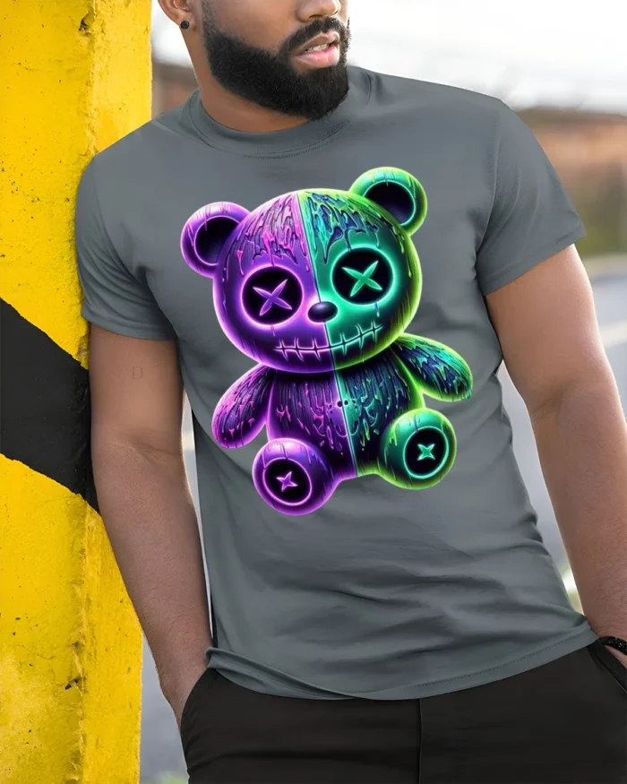 Neon Drip Bear T-Shirt Glow in the Dark Streetwear - model in grey shirt leaning against column
