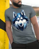 Blue Wolf T-Shirt Bold Graphic for Animal Lovers - model in grey shirt leaning against column