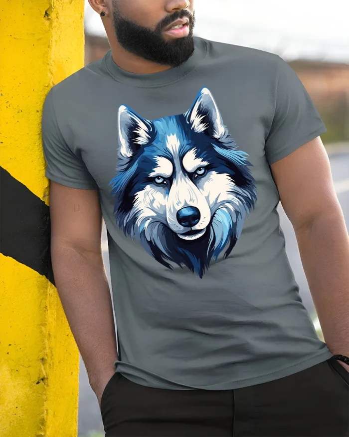 Blue Wolf T-Shirt Bold Graphic for Animal Lovers - model in grey shirt leaning against column