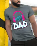 Headphones Dad T-Shirt Funny Music Lover - model in grey shirt leaning against column