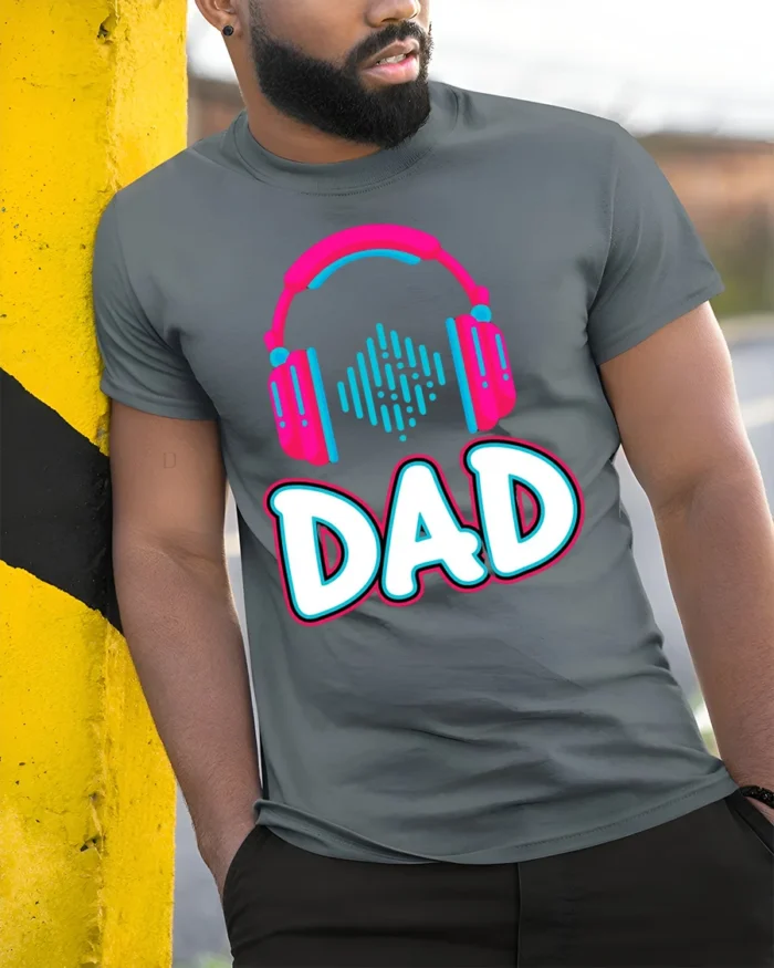 Headphones Dad T-Shirt Funny Music Lover - model in grey shirt leaning against column