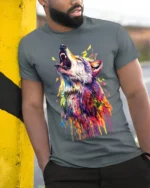 Vibrant Howling Wolf Art T-Shirt Colorful Design - model in grey shirt leaning against column
