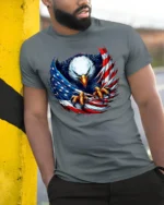Freedom Eagle Flag Design T-Shirt for Patriots - model in grey shirt leaning against column