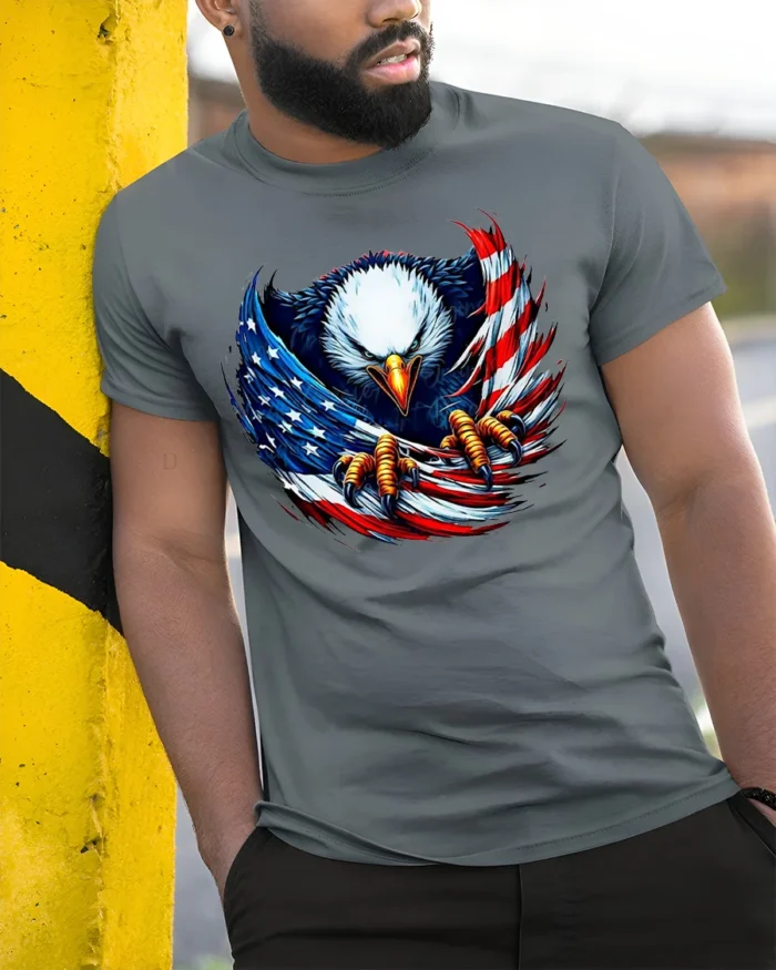 Freedom Eagle Flag Design T-Shirt for Patriots - model in grey shirt leaning against column