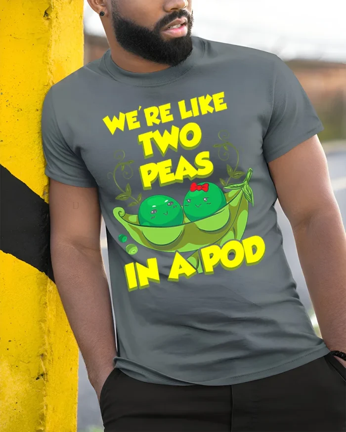 Cute Friendship Peas Graphic Tee Best Friends - model in grey shirt leaning against column
