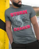 Storm Chaser Tornado Lightning Graphic T-Shirt - model in grey shirt leaning against column