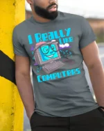 Funny Computer Lover Nerd Graphic Tee - model in grey shirt leaning against column