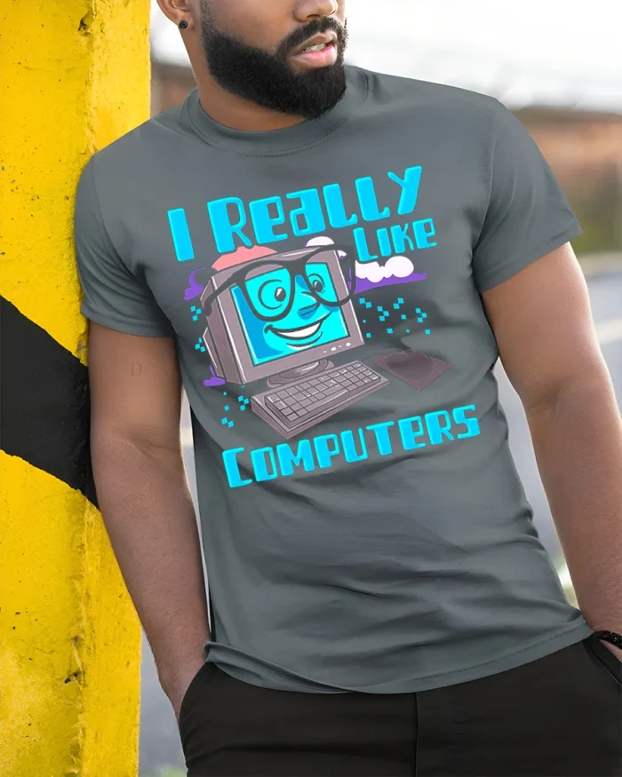 Funny Computer Lover Nerd Graphic Tee - model in grey shirt leaning against column