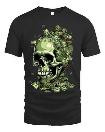 Money Skull Graphic Tee - Dollar Bills Skull T-Shirt - black t-shirt on white background