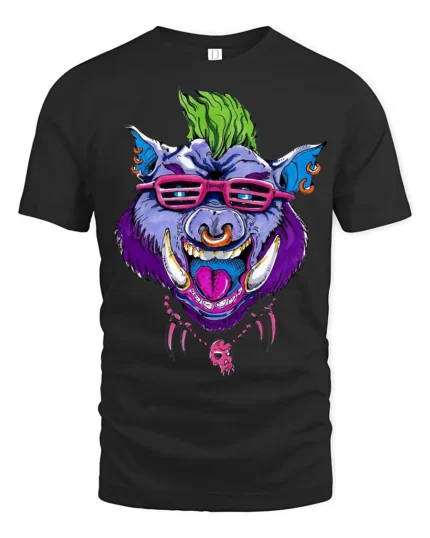 Mohawk Hog Graphic, Unique Rocker Animal T-Shirt - black t-shirt on white background