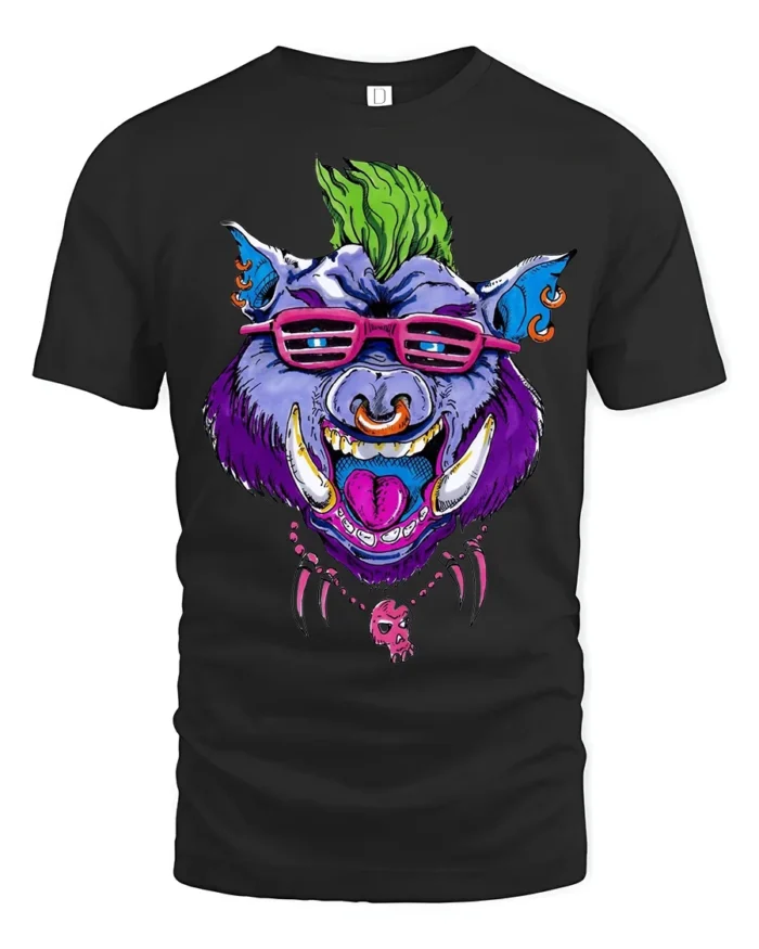 Mohawk Hog Graphic, Unique Rocker Animal T-Shirt - black t-shirt on white background