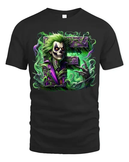 Laughing Skull Joker Tee, Edgy Villain Art T-Shirt - black t-shirt on white background